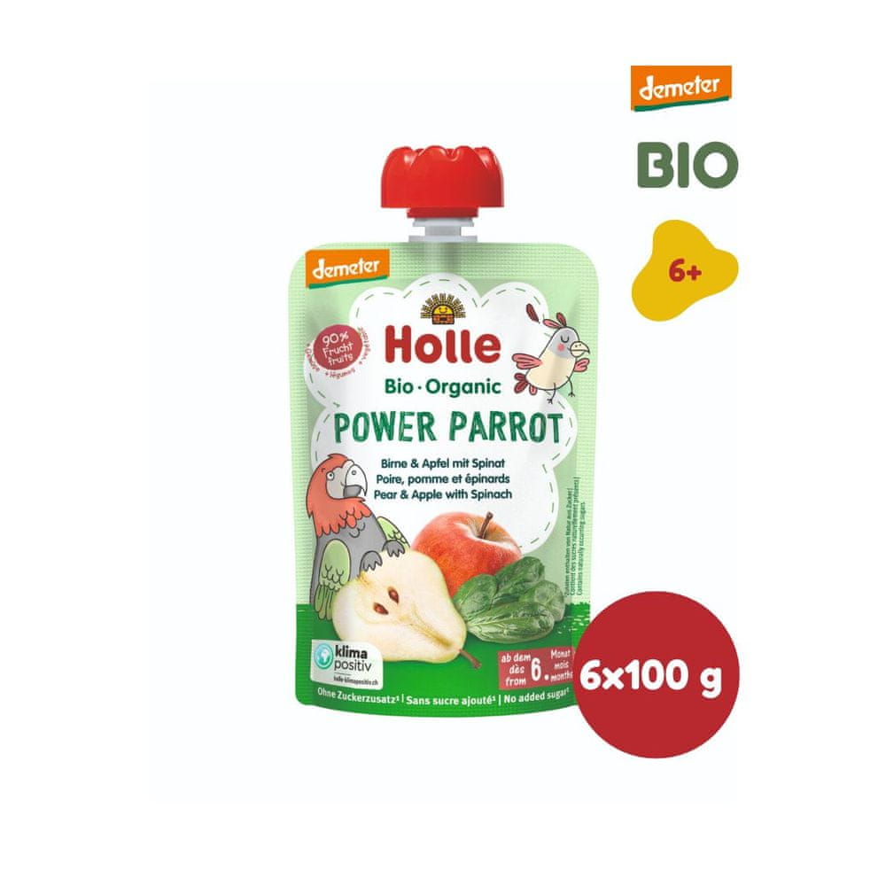 Holle Bio Power Parrot 100% pyré hruška, jablko, špenát - 6 x 100g